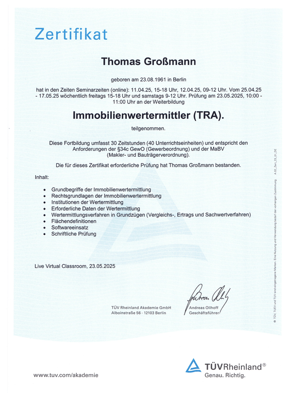 TÜV Rheinland Akademie – Zertifikat Immobilienwertermittler (TRA)